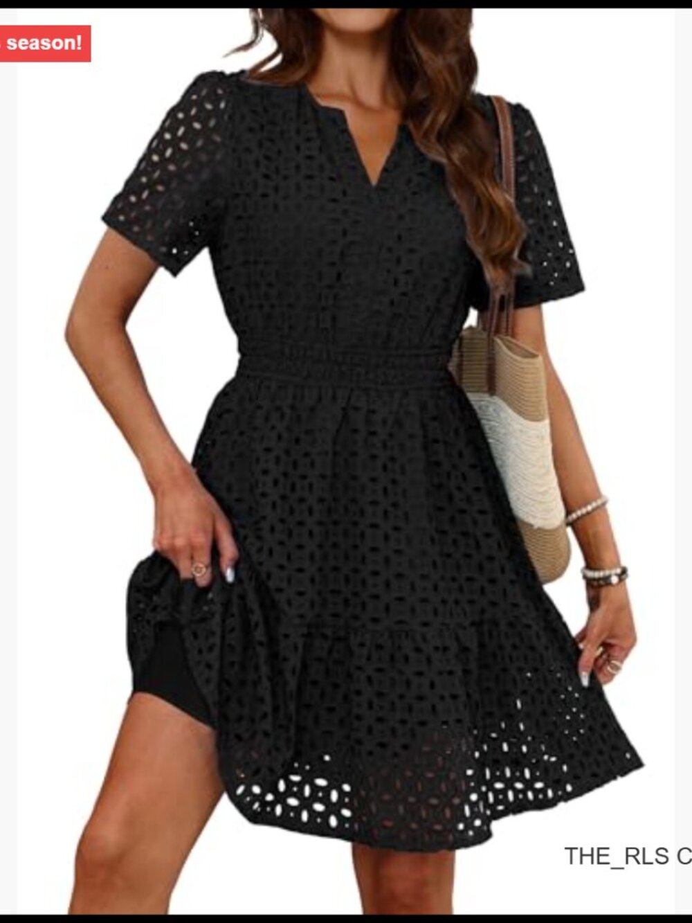 V-Neck Eyelet Lace A-Line Short Dress, 80% Polyester 20% Cotton - Picture 4 of 7